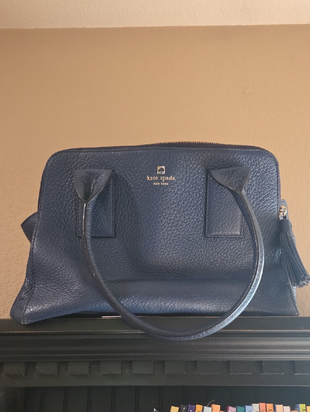 kate spade Large Lydia navy pebbled leather dome satchel with tassel